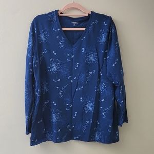 Lands' End 1X Blue Floral Long Sleeve 100% Cotton Tshirt